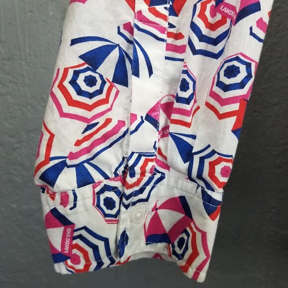Lands End Button Up Shirt Women 2X 20-22 Cotton Roll Tab Sleeve Umbrella Print - Picture 5 of 15